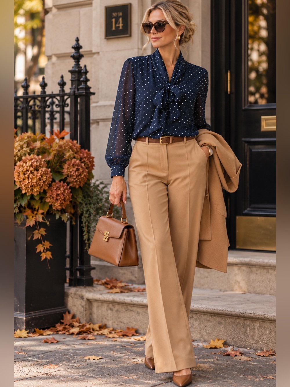 Vintage 90’s Navy Polka Dot Tie-Neck Blouse with Long Sleeves